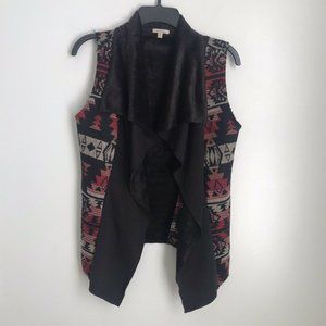 Anama Black Red Southwestern Wool Blend Vest Faux Fur Lining